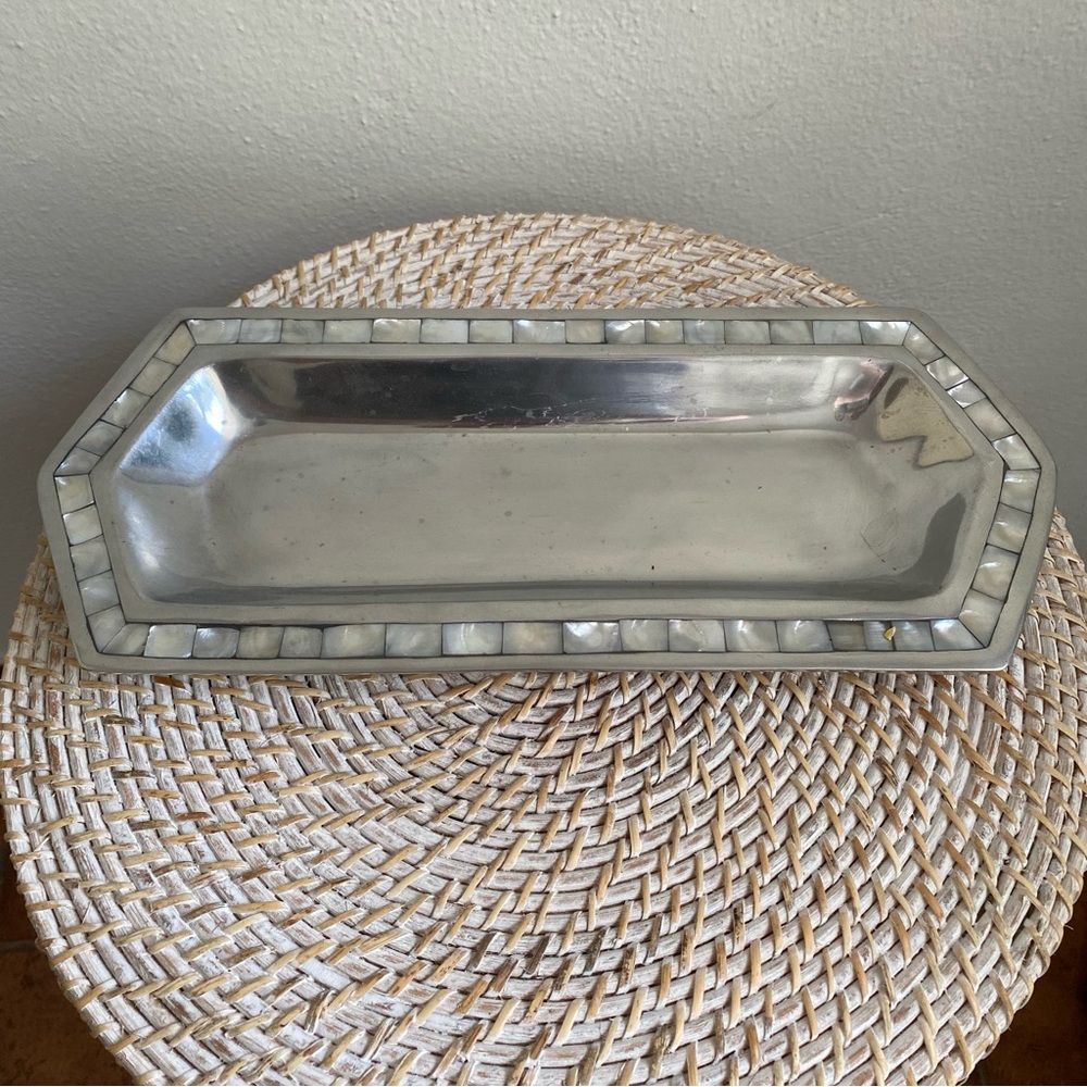 Mother of Pearl Inlay Long Silver Color Tray